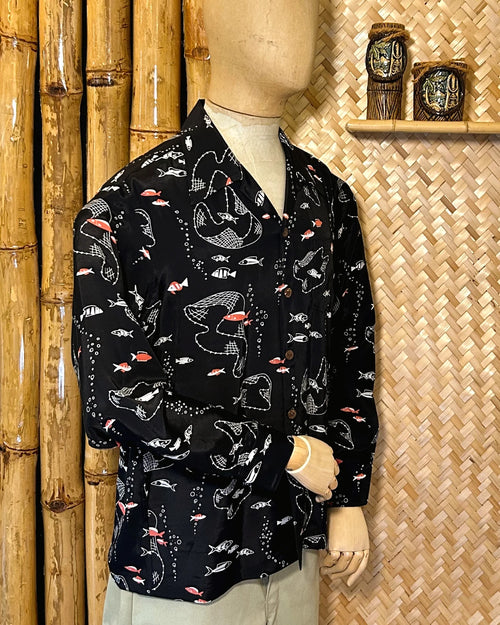 Fish in a Throw Net long Hawaiian Shirt